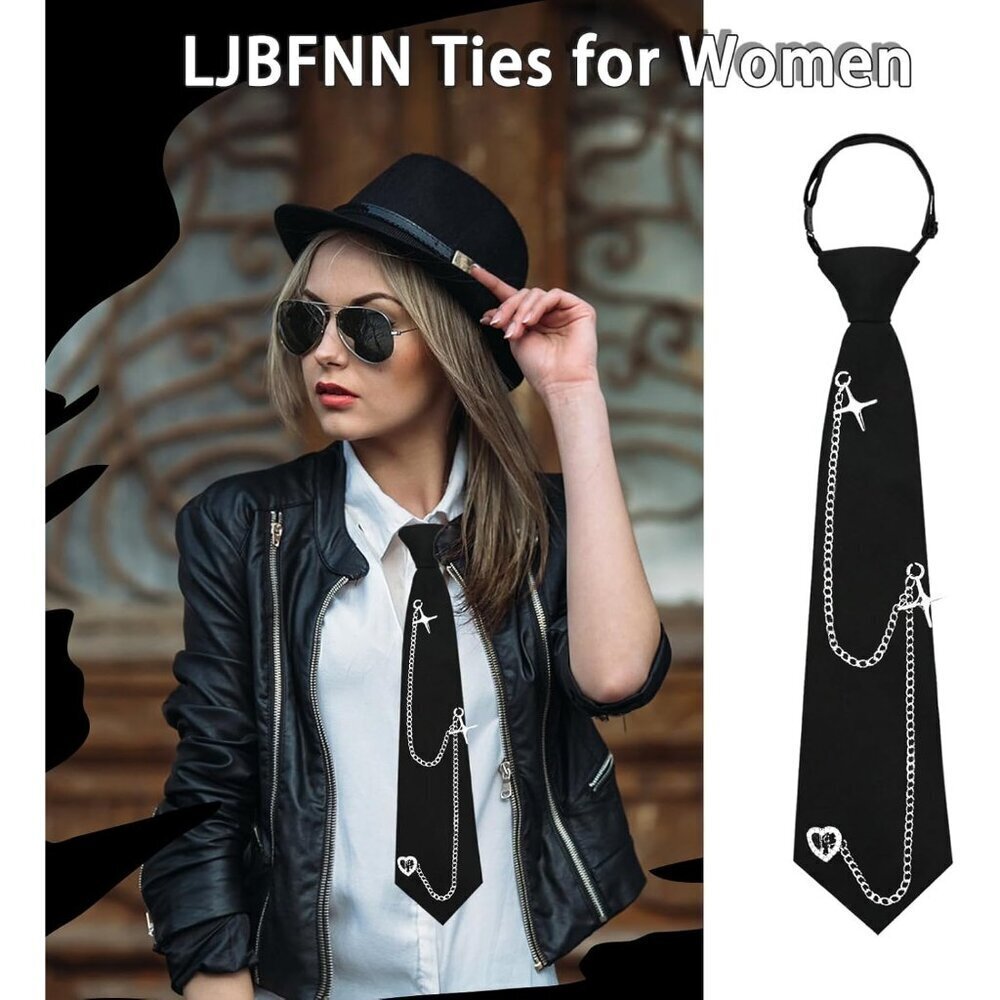 Women’s Pre-Tied Black Polyester Punk Chain Tie Accessory for School and Parties - Picture 2 of 6